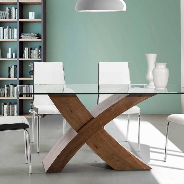 Mesa de comedor NEO de diseño moderno cristal y nogal diferentes tamaños
