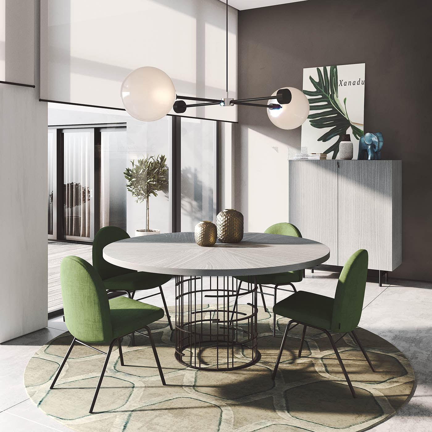 Mesa comedor redonda diseño lujo y alta decoración madera y metal