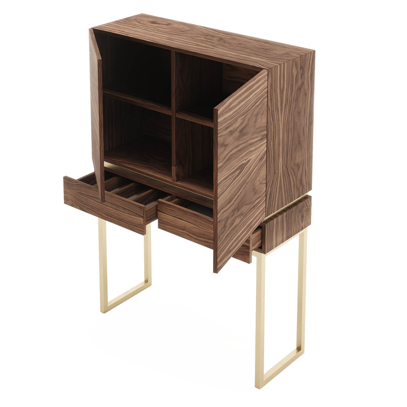 Mueble bar de diseño lujo y alta decoración madera nogal y dorado (4)