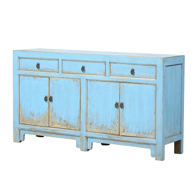 Mueble aparador de diseño oriental madera color azul con desgastes (1)