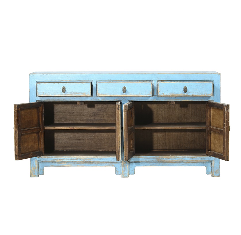 Mueble aparador de diseño oriental madera color azul con desgastes (2)