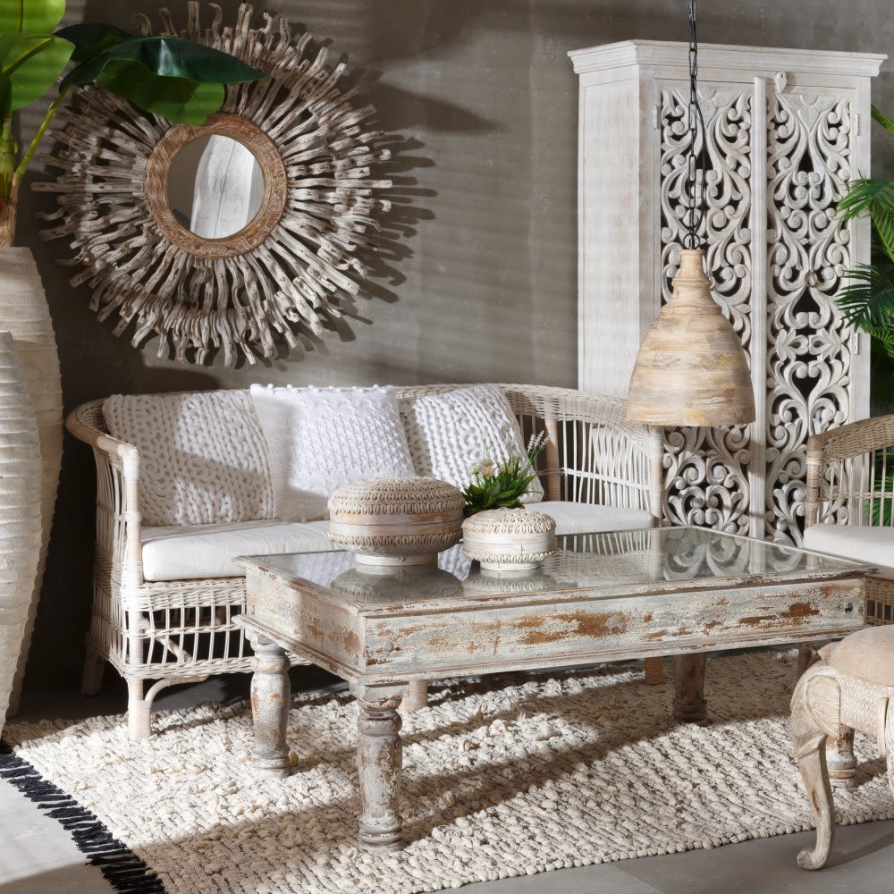 Espejo redondo de pared de diseño étnico madera de teka acabado blanco