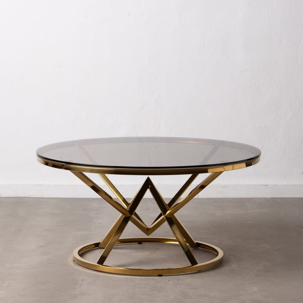 600001 Mesa De Centro Redonda De Diseno Art Deco 90 Acero Oro Y Cristal Marron Primera Avenida