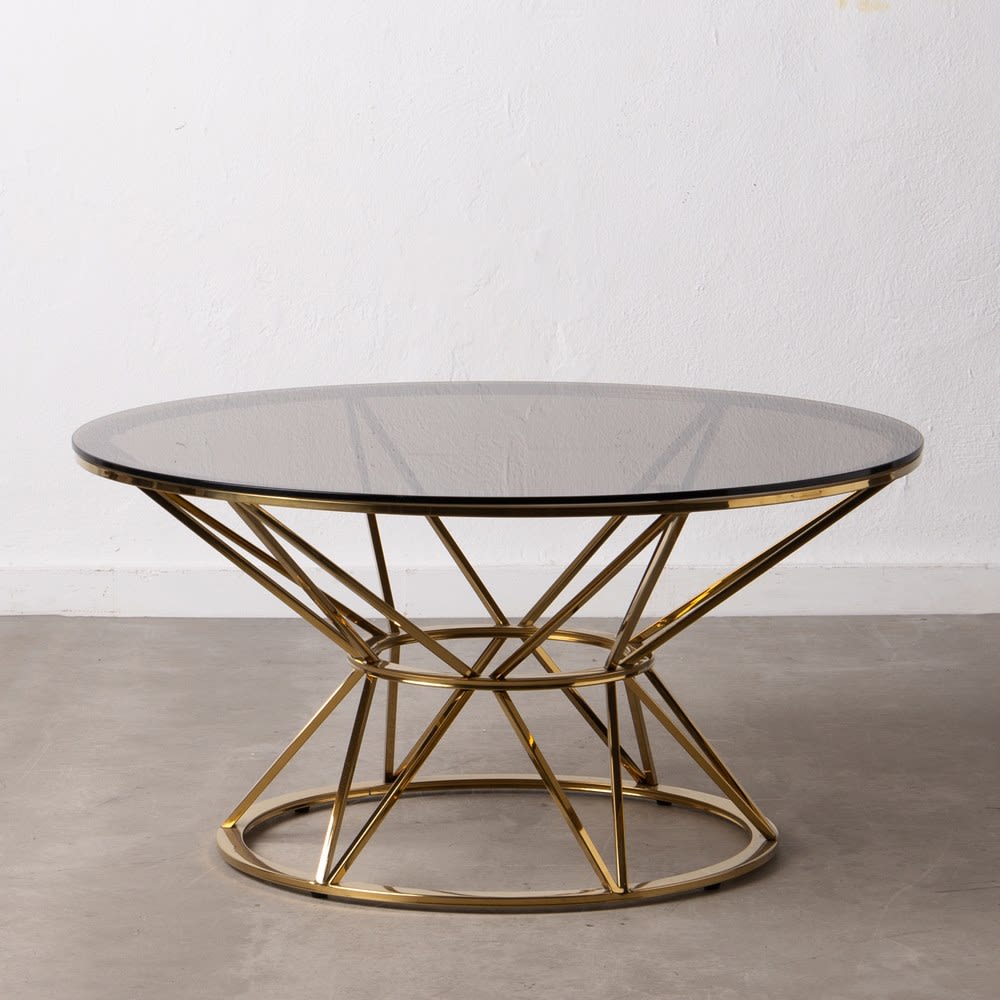 600000 Mesa De Centro Redonda De Diseno Art Deco 90 Acero Oro Y Cristal Marron Primera Avenida