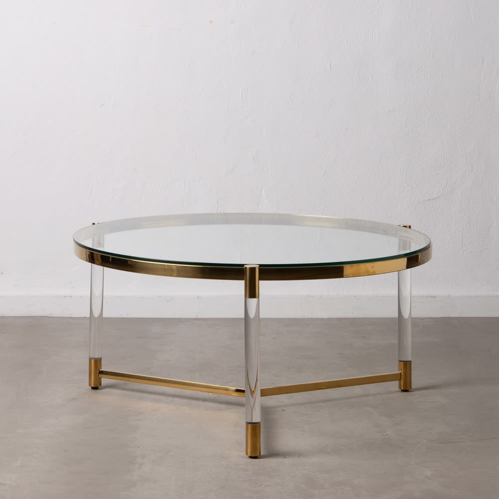 600003 Mesa De Centro Redonda De Diseno Art Deco 90 Acrilico Cristal Y Acero Color Oro Primera Avenida